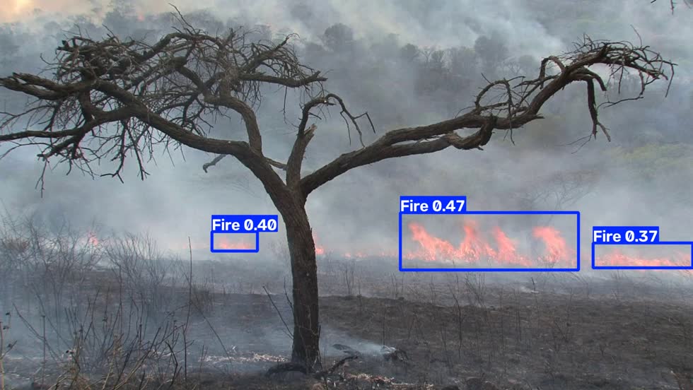 AI fire detection boxes on real bushfire footage